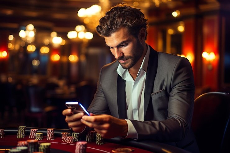 Meja permainan casino klasik dengan kartu dan dadu di atasnya